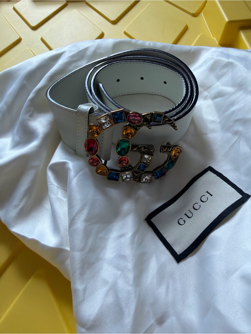 Gucci White Leather Belt with Multicolor Crystal Double-G Buckle